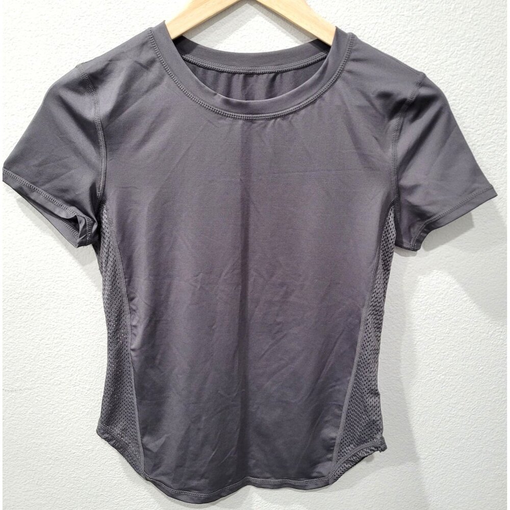 Womens Shein Gray Short Sleeve Athletic Top with Side Mesh Panels Size S